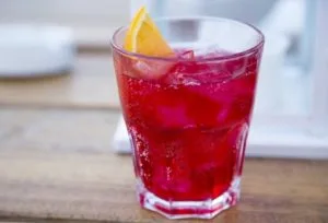 a glass of red liquid with a slice of orange on top