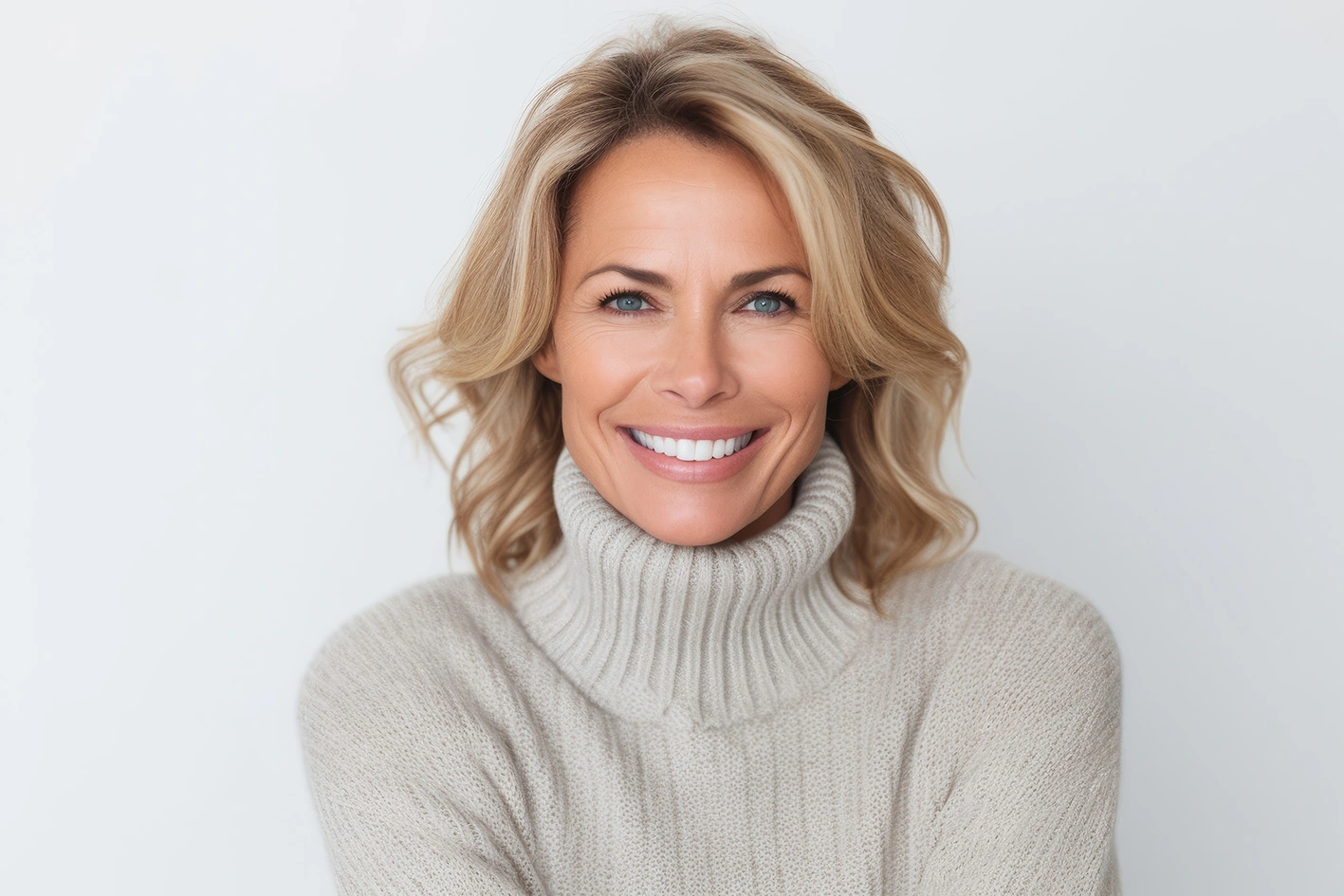 a woman smiling in a turtleneck sweater